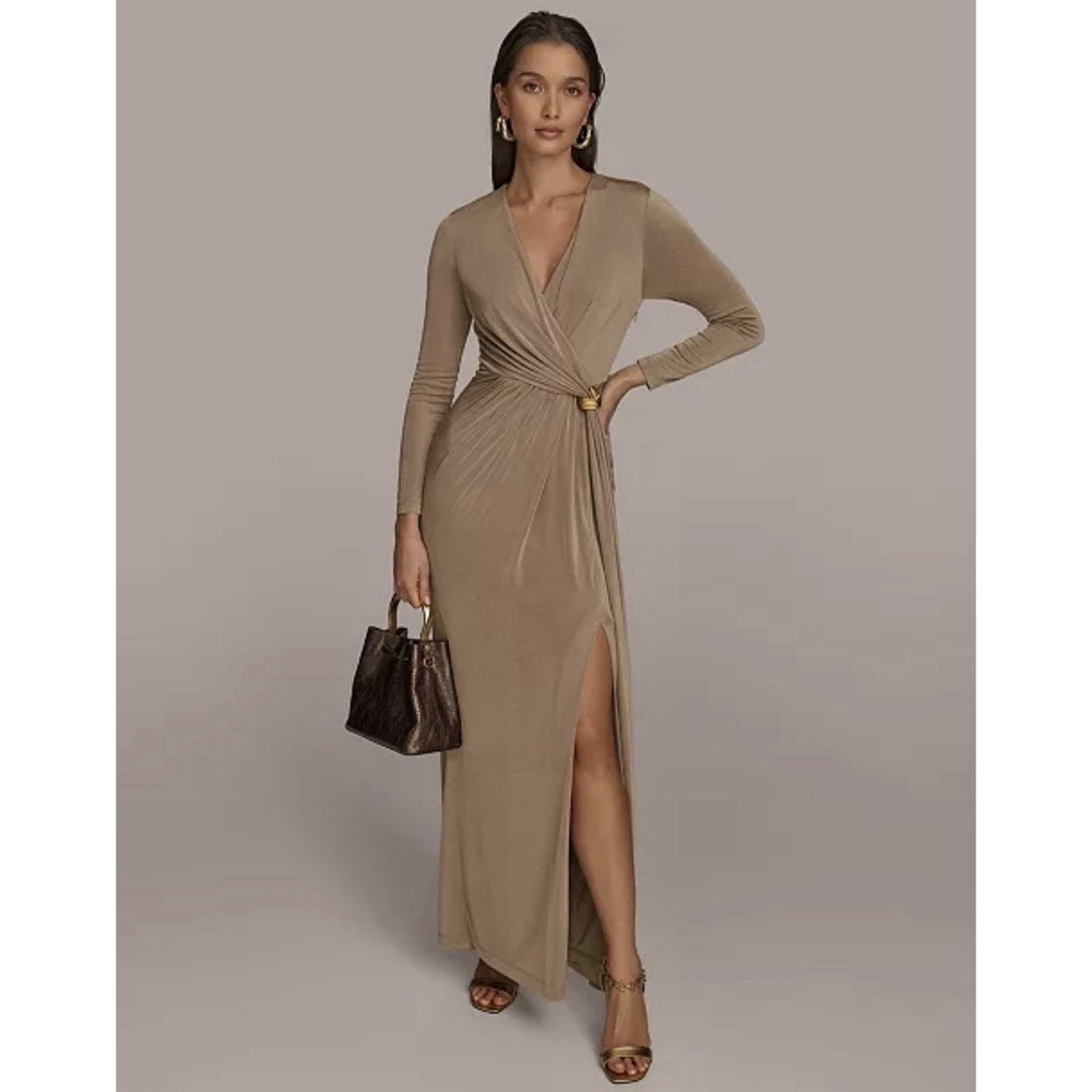 NWT Donna Karan New York Size 14 Taupe Faux Wrap Maxi Gown Gold Hardware $219